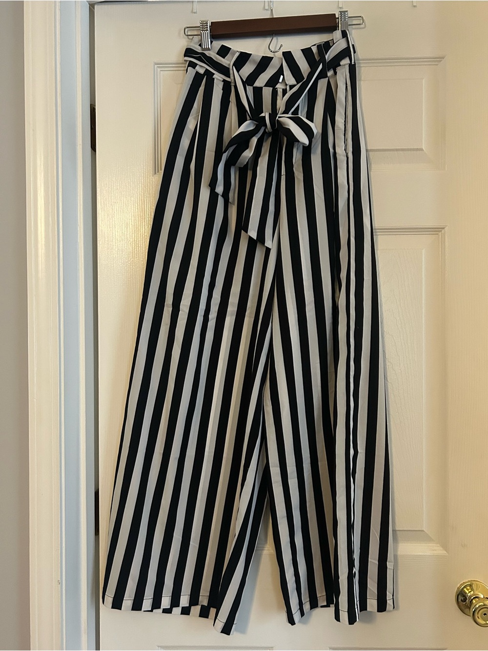 Flying Tomato Black and White Vertical Stripe Wide-Leg Pants with Tie Waist